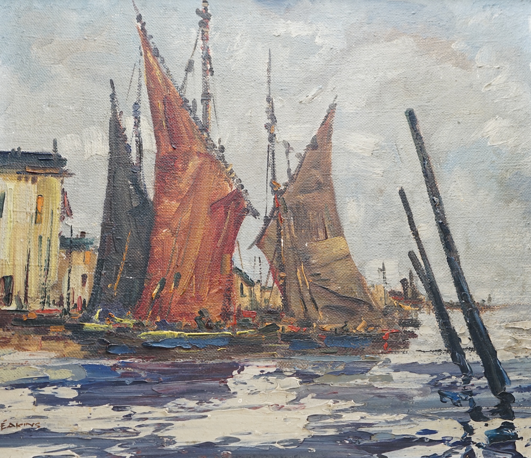 George D Deakins (1911-1981), oil on canvas, Harbour scene, signed, 34 x 39.5cm. Condition - fair to good